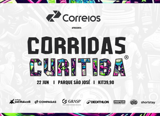 Imagem de divulgação da corridas curitiba terceira etapa. Imagem composta pelo logo do evento, em fundo cinza claro, letras pretas e fundo decorativo.